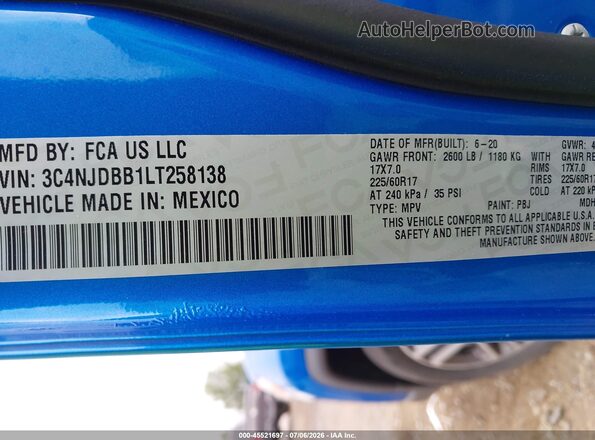 3C4NJDBB1LT258138 2020 JEEP COMPASS Blue Вид підкапотного простору