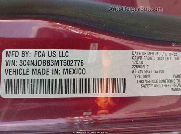 3C4NJDBB3MT502776 2021 JEEP COMPASS Красный Вид подкапотного пространства