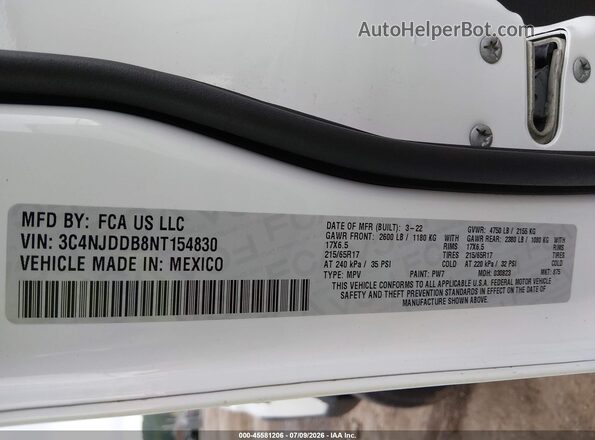 3C4NJDDB8NT154830 2022 JEEP COMPASS White Вид підкапотного простору