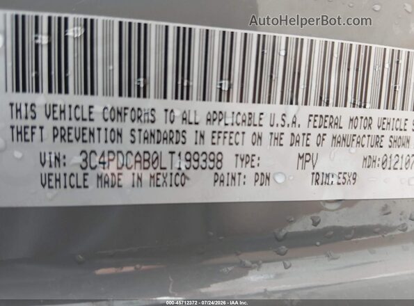 3C4PDCAB0LT199398 2020 DODGE JOURNEY Gray ძრავის განყოფილების ხედი