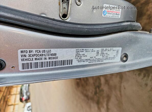 3C4PDCAB1LT274500 2020 DODGE JOURNEY Gray Vista de la etiqueta del VIN