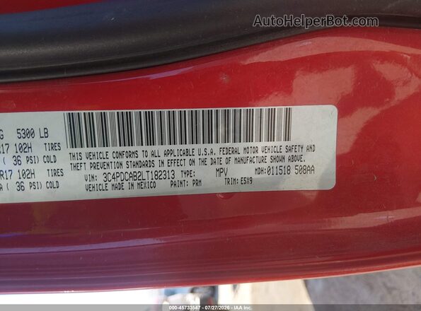 3C4PDCAB2LT182313 2020 DODGE JOURNEY Red ძრავის განყოფილების ხედი