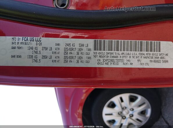 3C4PDCAB2LT237231 2020 DODGE JOURNEY Red ძრავის განყოფილების ხედი
