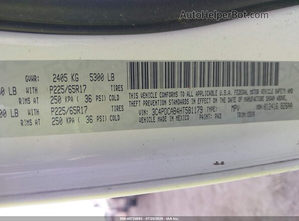 3C4PDCAB4HT581179 2017 DODGE JOURNEY Белый Вид подкапотного пространства