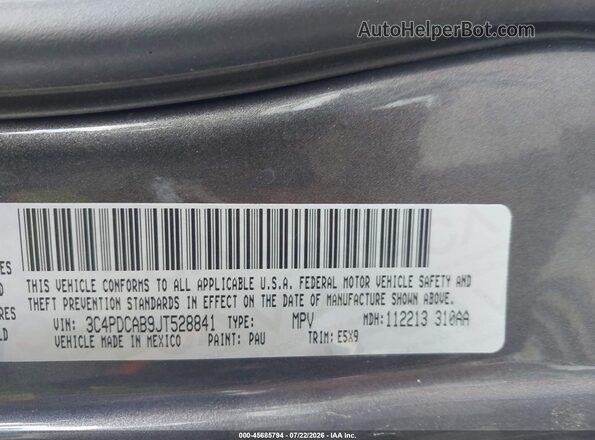 3C4PDCAB9JT528841 2018 DODGE JOURNEY Gray ძრავის განყოფილების ხედი