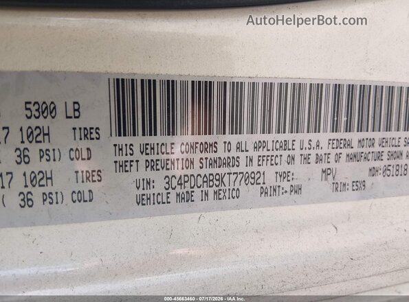 3C4PDCAB9KT770921 2019 DODGE JOURNEY Белый Вид подкапотного пространства