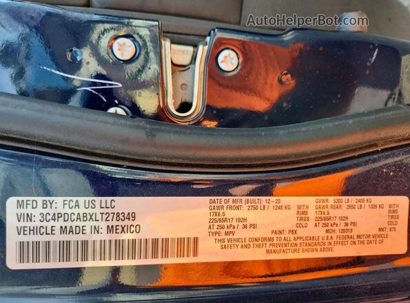 3C4PDCABXLT278349 2020 DODGE JOURNEY Blue VIN կոդի պիտակի տեսք