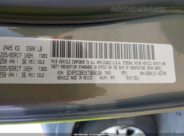 3C4PDCBB1KT860160 2019 DODGE JOURNEY Green Vista del compartimento del motor