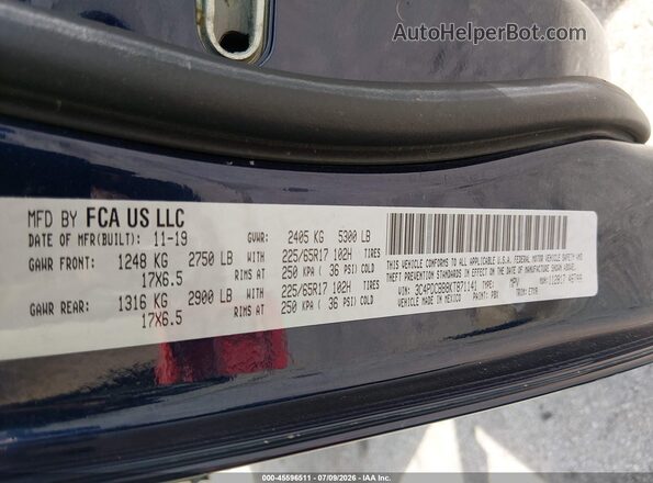 3C4PDCBB8KT871141 2019 DODGE JOURNEY Синий Вид подкапотного пространства