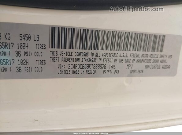 3C4PDCBG9KT868678 2019 DODGE JOURNEY White Vista del compartimento del motor