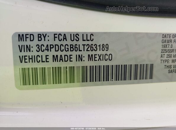 3C4PDCGB6LT263189 2020 DODGE JOURNEY White ძრავის განყოფილების ხედი