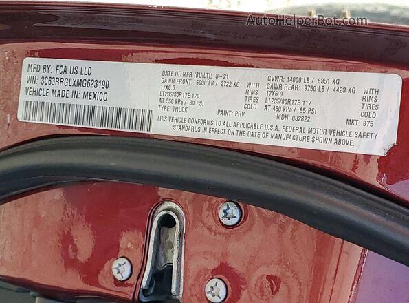 3C63RRGLXMG623190 2021 RAM 3500 Burgundy VIN sticker view