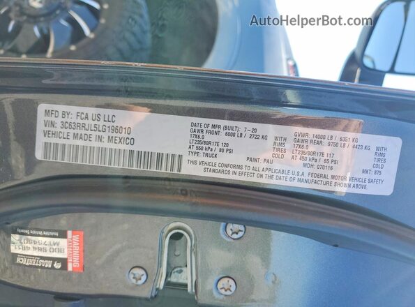 3C63RRJL5LG196010 2020 RAM 3500 Серый Вид подкапотного пространства