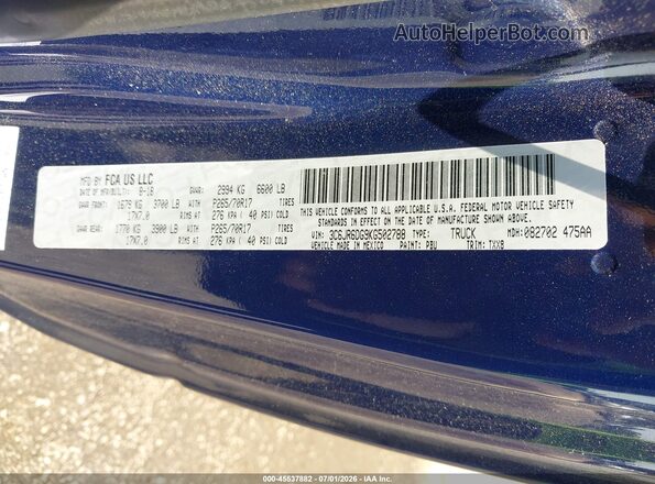 3C6JR6DG9KG502788 2019 RAM 1500 CLASSIC Blue Widok komory silnika