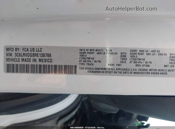 3C6LRVDG8RE136766 2024 RAM PROMASTER 2500 White Engine compartment view