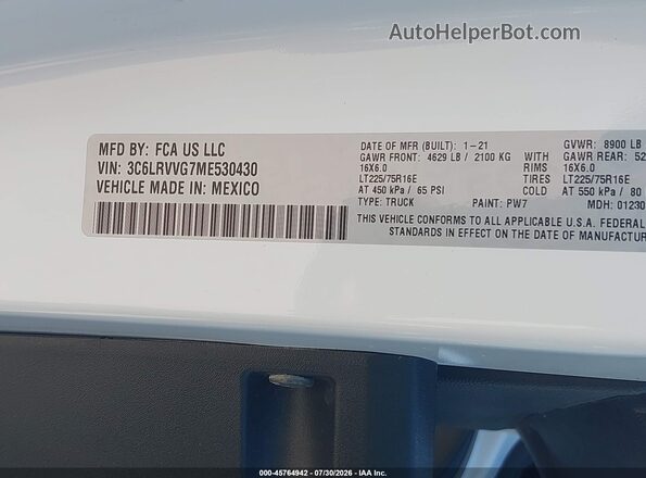 3C6LRVVG7ME530430 2021 RAM PROMASTER 2500 White Vista del compartimento del motor