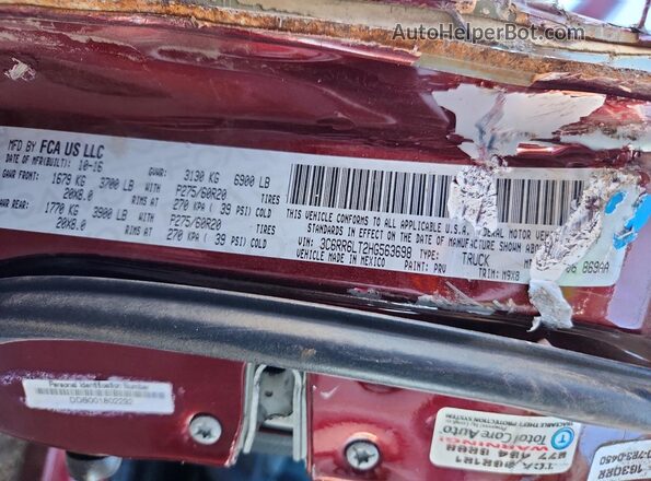 3C6RR6LT2HG563698 2017 RAM 1500 Maroon Vista de la etiqueta del VIN