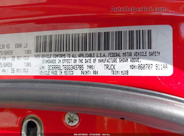 3C6RR6LT6GG343785 2016 RAM 1500 Red Вид підкапотного простору