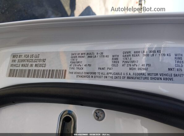3C6RR7KG2LG270192 2020 RAM 1500 CLASSIC White Widok komory silnika