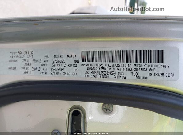 3C6RR7LT5GG194534 2016 RAM 1500 Серебряный Вид подкапотного пространства