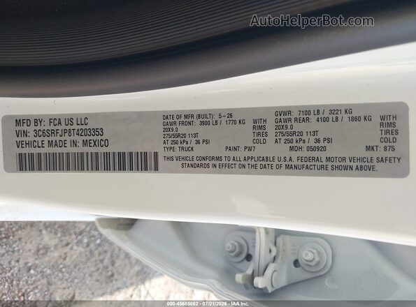 3C6SRFJP8T4203353 2026 RAM 1500 White Widok komory silnika