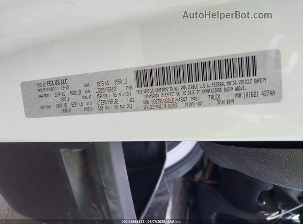3C6TRVBG2LE104647 2020 RAM PROMASTER 1500 White Вид підкапотного простору