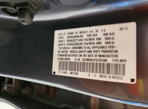 3CZRM3H31GG707345 2016 HONDA CR-V Gray VIN კოდის სტიკერის ხედი