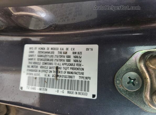 3CZRM3H31GG709077 2016 HONDA CR-V Серый Вид наклейки с VIN-кодом