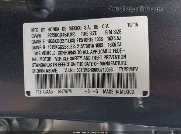 3CZRM3H36GG710063 2016 HONDA CR-V Gray Շարժիչի բաժամունքի տեսք