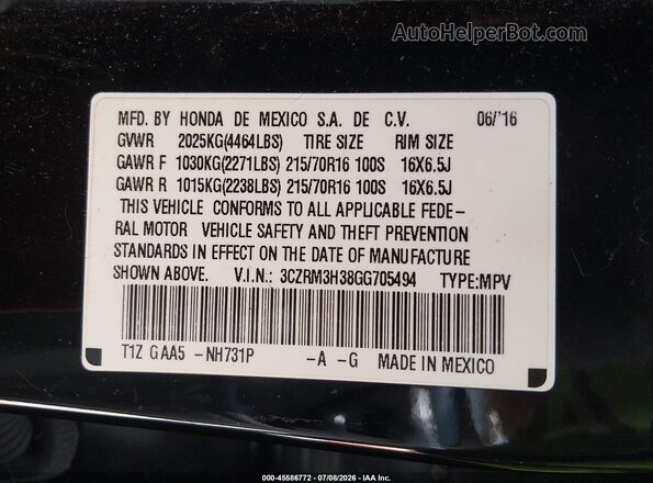 3CZRM3H38GG705494 2016 HONDA CR-V Black Engine compartment view