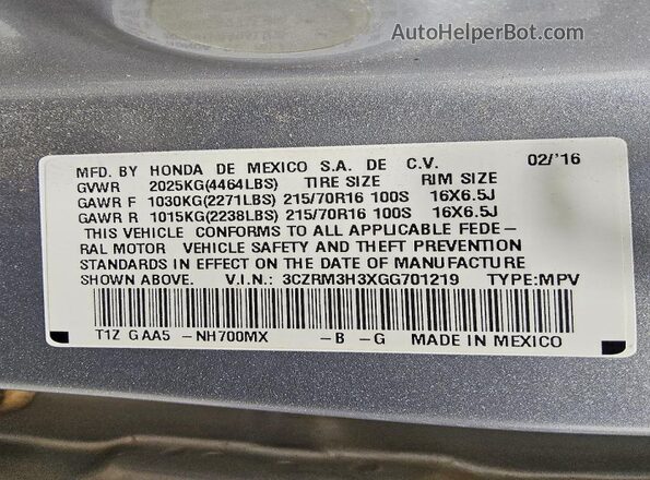 3CZRM3H3XGG701219 2016 HONDA CR-V Silver Вид наклейки з VIN-кодом