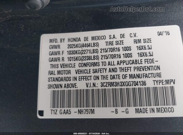 3CZRM3H3XGG704136 2016 HONDA CR-V Gray Engine compartment view