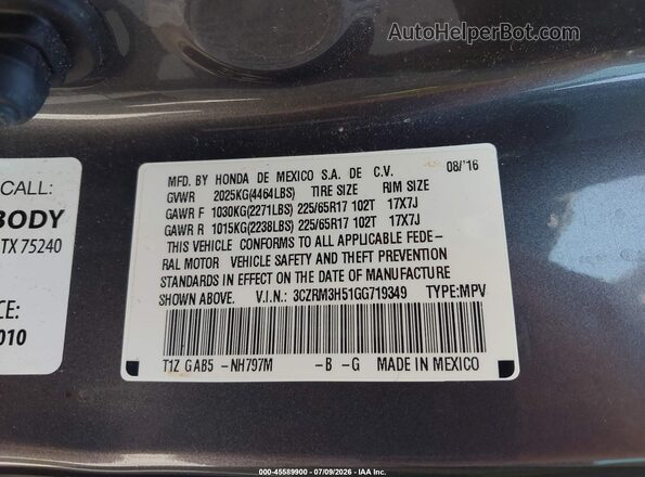3CZRM3H51GG719349 2016 HONDA CR-V Gray Vista del compartimento del motor