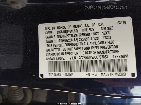 3CZRM3H56GG707083 2016 HONDA CR-V Blue Vista del compartimento del motor