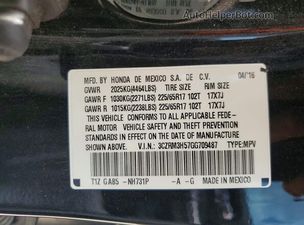 3CZRM3H57GG709487 2016 HONDA CR-V Черный Вид наклейки с VIN-кодом
