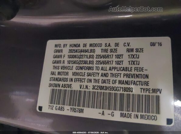 3CZRM3H59GG718093 2016 HONDA CR-V Gray Vista del compartimento del motor