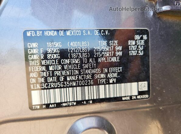 3CZRU5G35HM700236 2017 HONDA HR-V Gray Engine compartment view