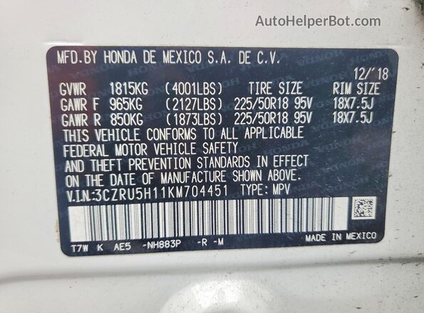 3CZRU5H11KM704451 2019 HONDA HR-V White VIN კოდის სტიკერის ხედი