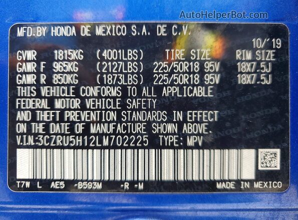 3CZRU5H12LM702225 2020 HONDA HR-V Blue Widok wnętrza 360 stopni
