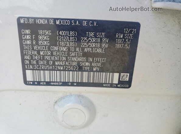 3CZRU5H12NM725622 2022 HONDA HR-V White Widok naklejki z numerem VIN