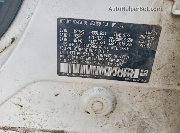 3CZRU5H19MM731870 2021 HONDA HR-V White VIN sticker view