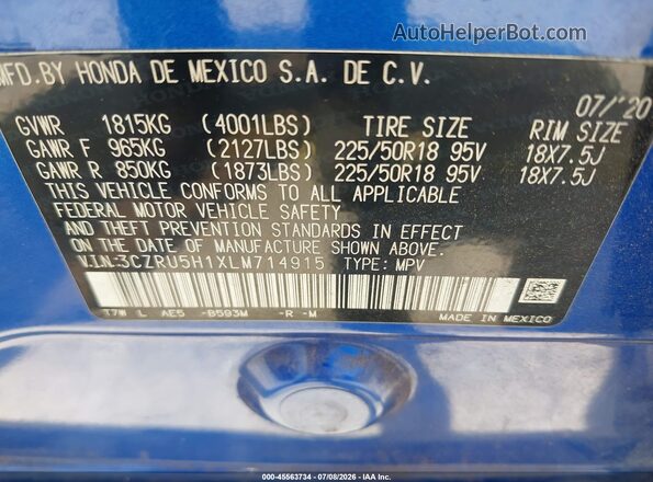 3CZRU5H1XLM714915 2020 HONDA HR-V Синий Вид подкапотного пространства