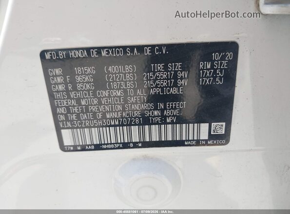 3CZRU5H30MM707281 2021 HONDA HR-V White Շարժիչի բաժամունքի տեսք