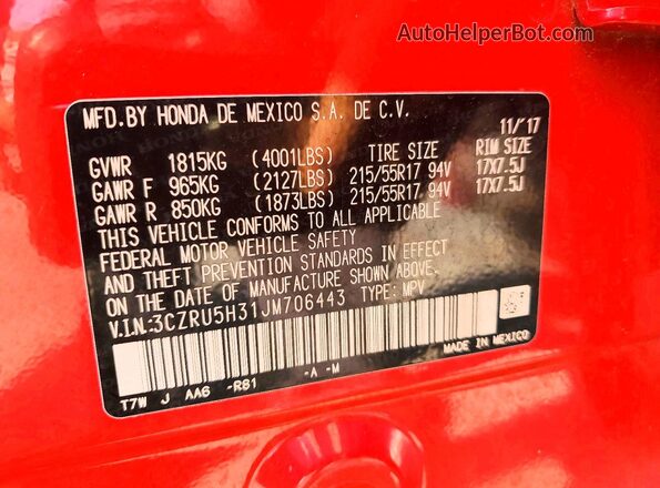 3CZRU5H31JM706443 2018 HONDA HR-V Red VIN կոդի պիտակի տեսք