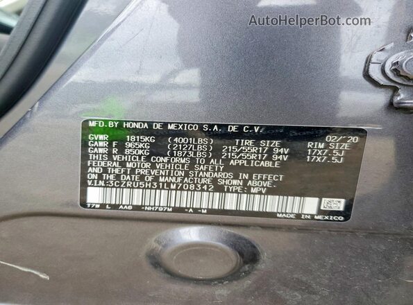 3CZRU5H31LM708342 2020 HONDA HR-V Gray Vista de la etiqueta del VIN