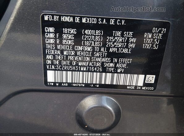 3CZRU5H31MM716426 2021 HONDA HR-V Gray Engine compartment view