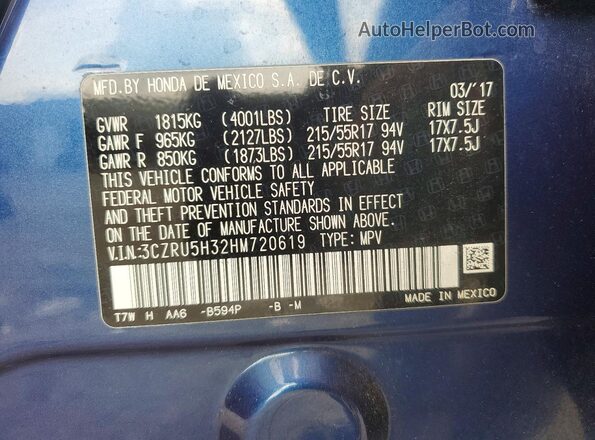 3CZRU5H32HM720619 2017 HONDA HR-V Blue Vista de la etiqueta del VIN