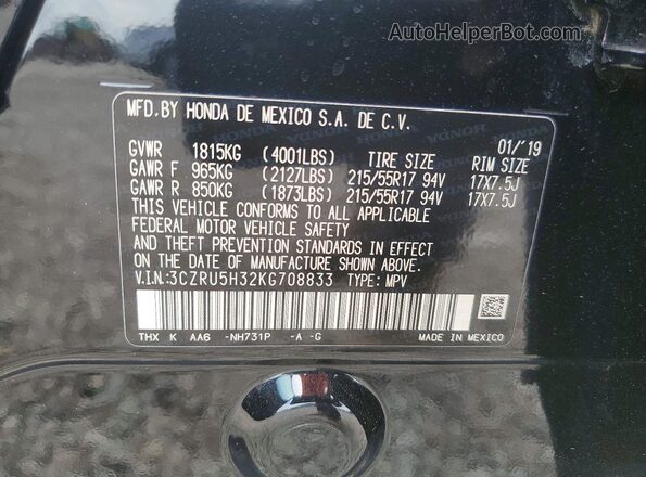 3CZRU5H32KG708833 2019 HONDA HR-V Black VIN sticker view