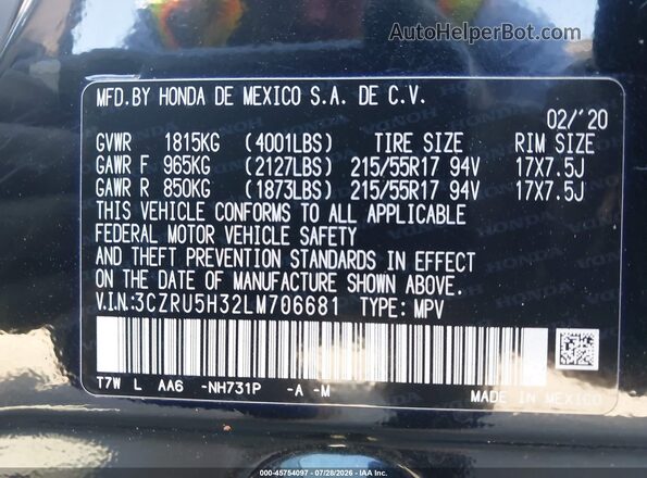 3CZRU5H32LM706681 2020 HONDA HR-V Black ძრავის განყოფილების ხედი