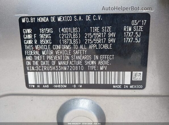 3CZRU5H33HM720810 2017 HONDA HR-V Silver Widok komory silnika